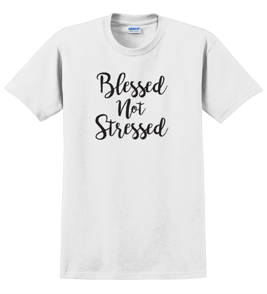 Blessed Not Stressed T-Shirt Short Sleeve Graphic Glitter Tee Unisex Apparel