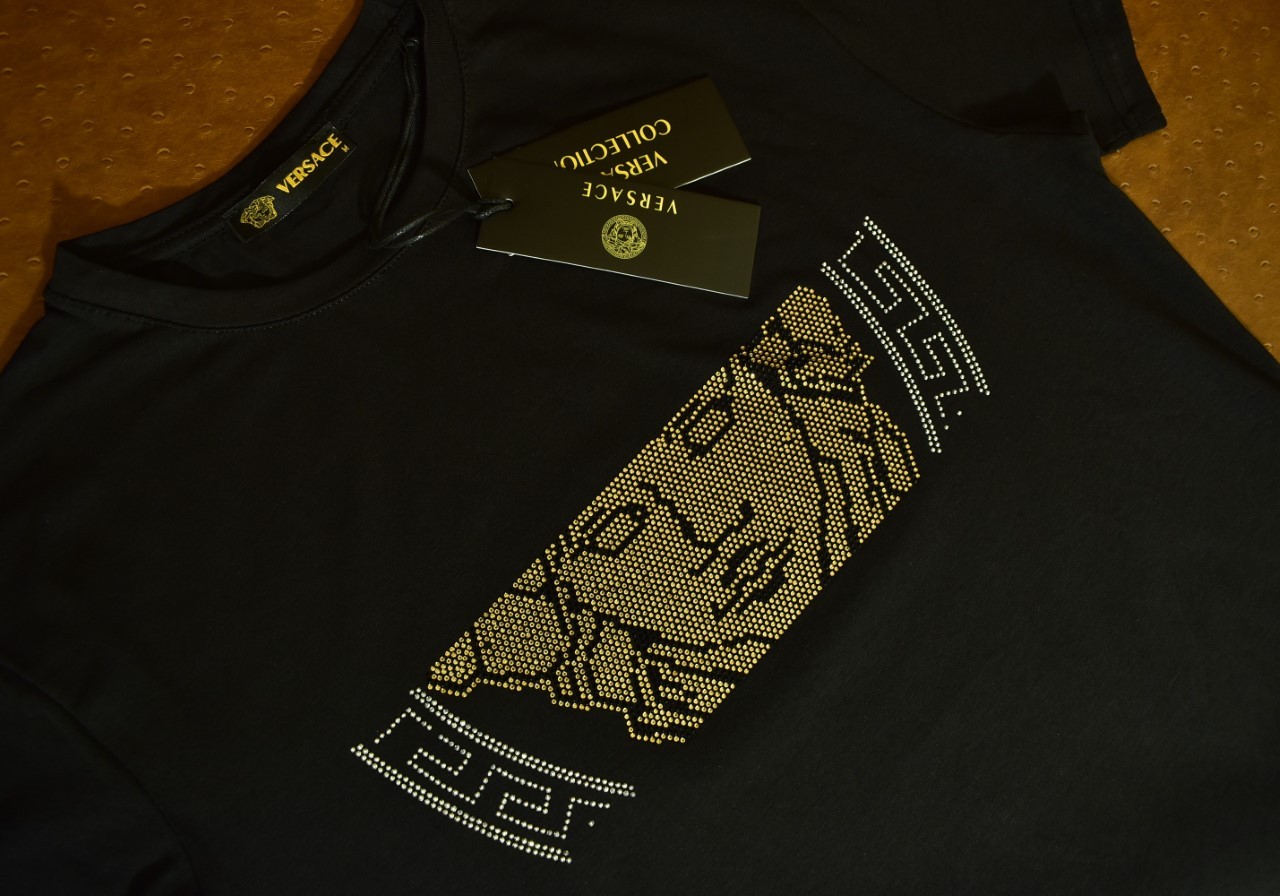 Men’s Versace Medusa Style Rhinestone T-Shirt Rust Luxury Designer US Size 2XL