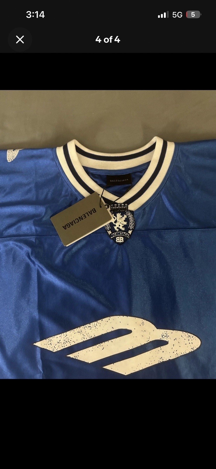 Balenciaga Men’s L Blue/White Logo V-Neck Short Sleeve Satin T-Shirt