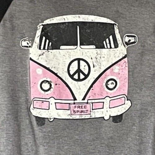 District Made Men’s XL T-Shirt 3/4 Sleeve Gray/Black Pink Peace Bus Free Spirit