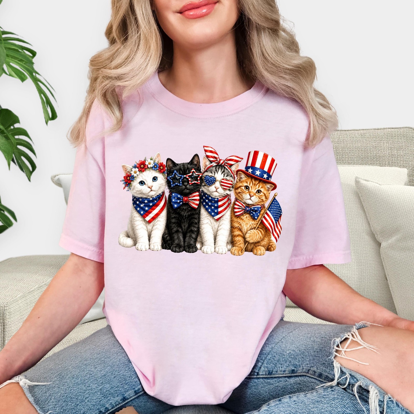 Patriotic Cat Shirt 4th of July USA Flag Kitten Tee for Cat Moms