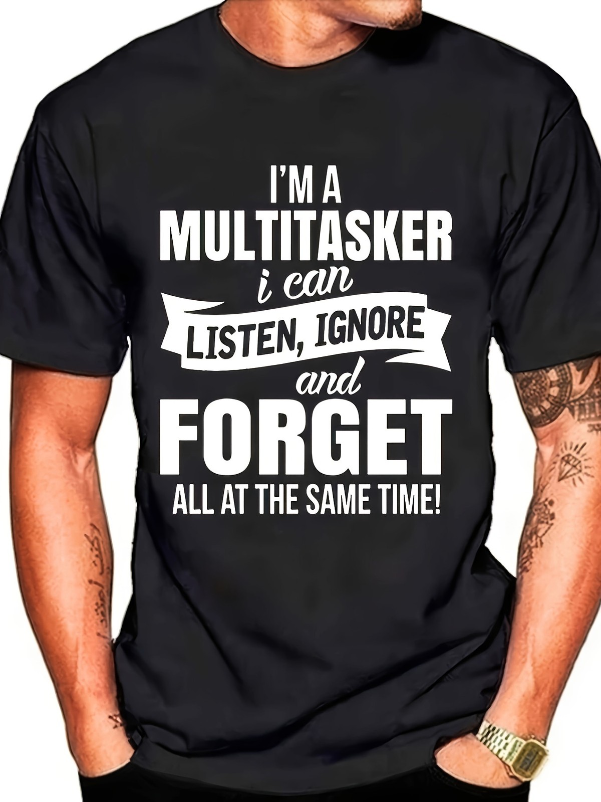 Men’s Black Funny Multi-Tasking Graphic T-Shirt, Casual Summer Crew Neck Tee