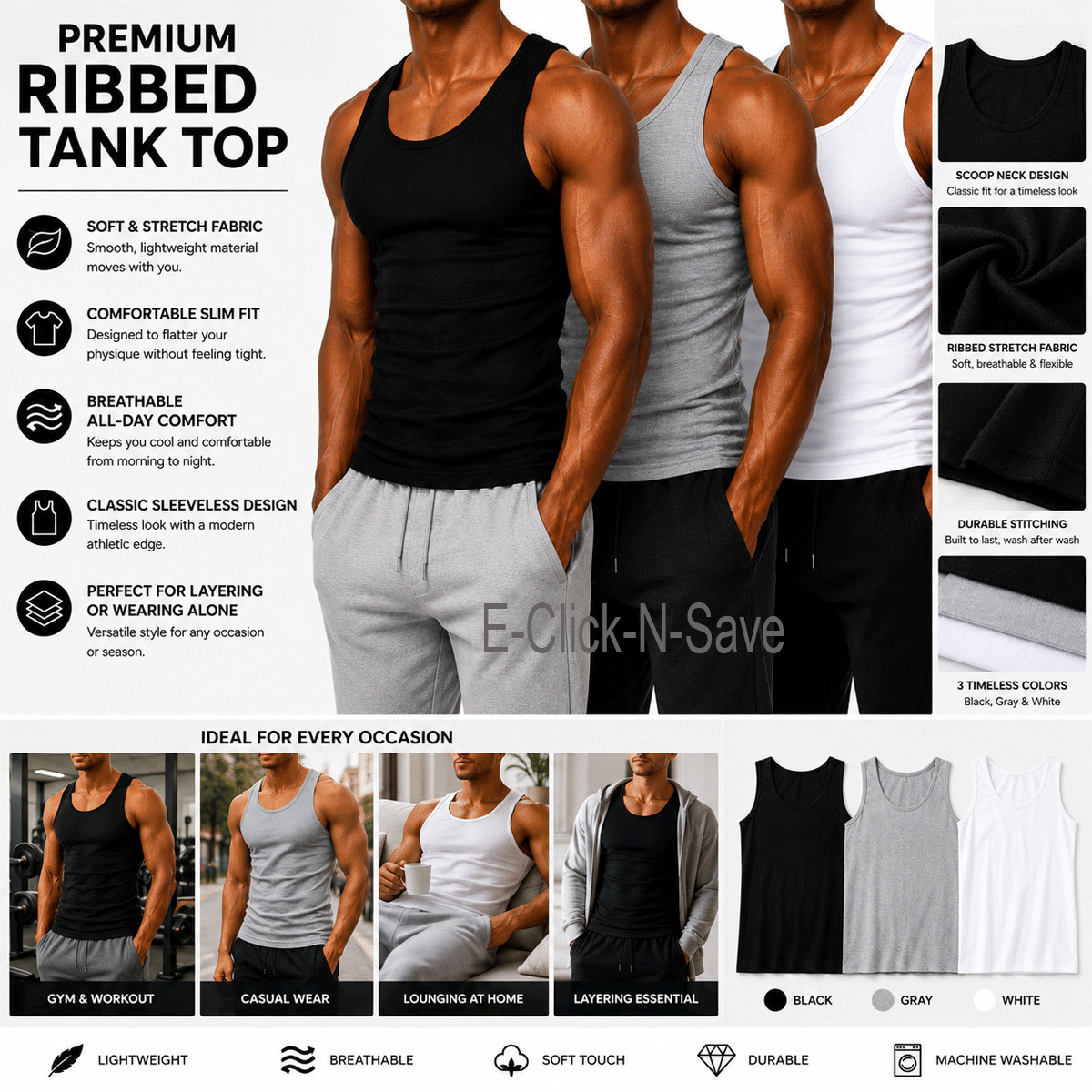 3, 6 Pack Mens 100% Cotton Ribbed A-Shirts Undershirts Wife Beater NEW Tank Tops