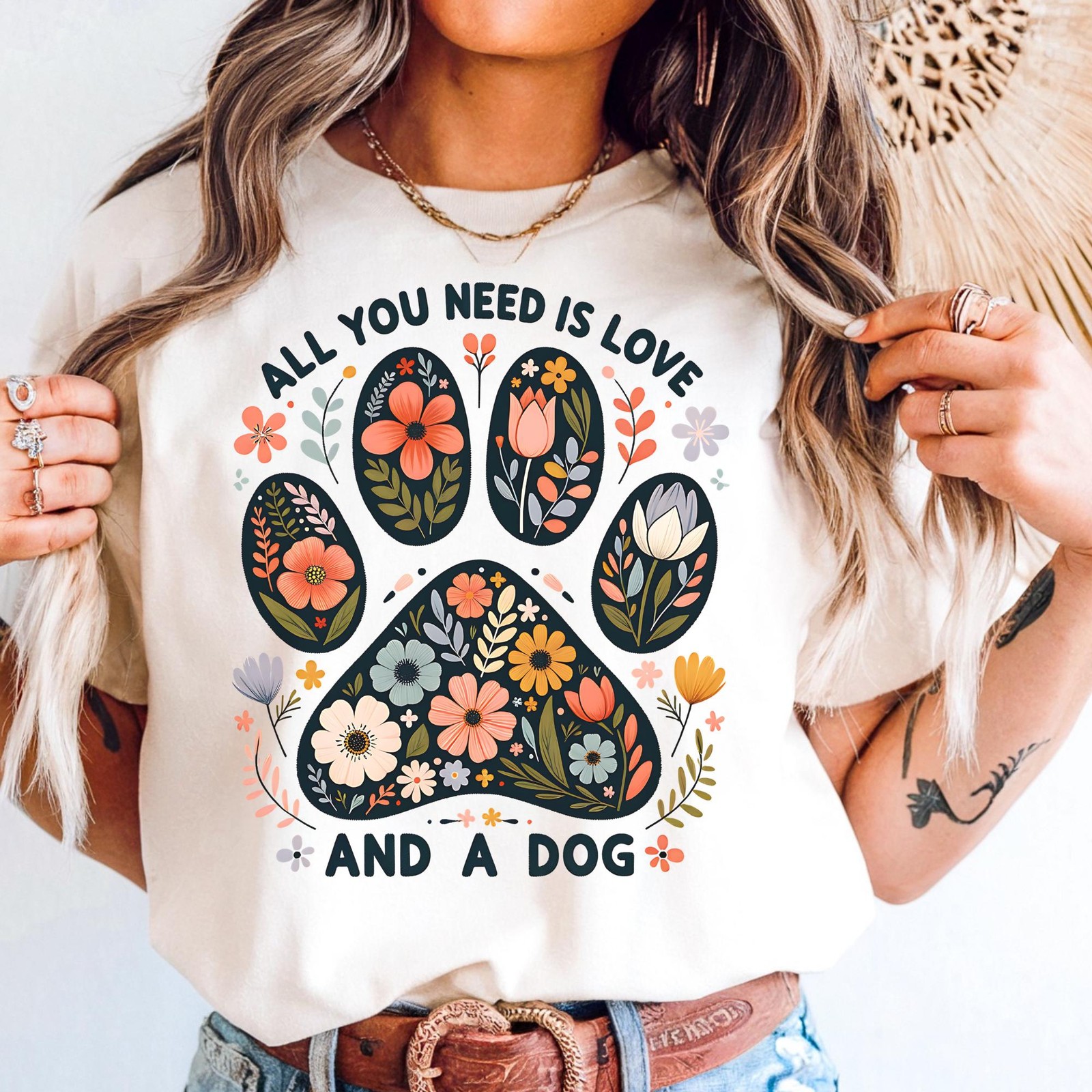 Floral Paw Print Dog Lover T-Shirt Animal Rescue Gift Tee