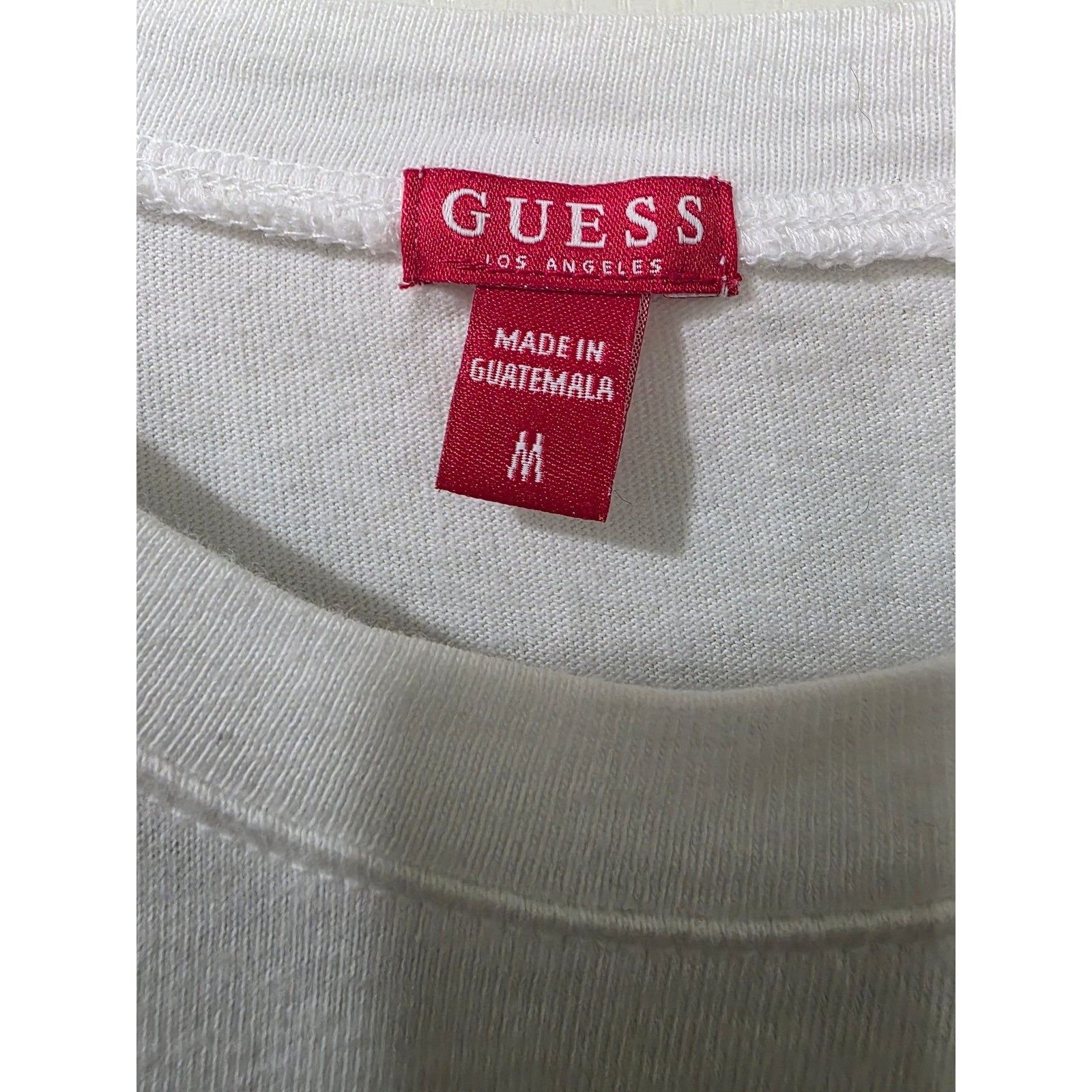 GUESS Mens White Long Sleeve Graphic Logo Tee Shirt Gold Foil Navy Stripe M Y2K
