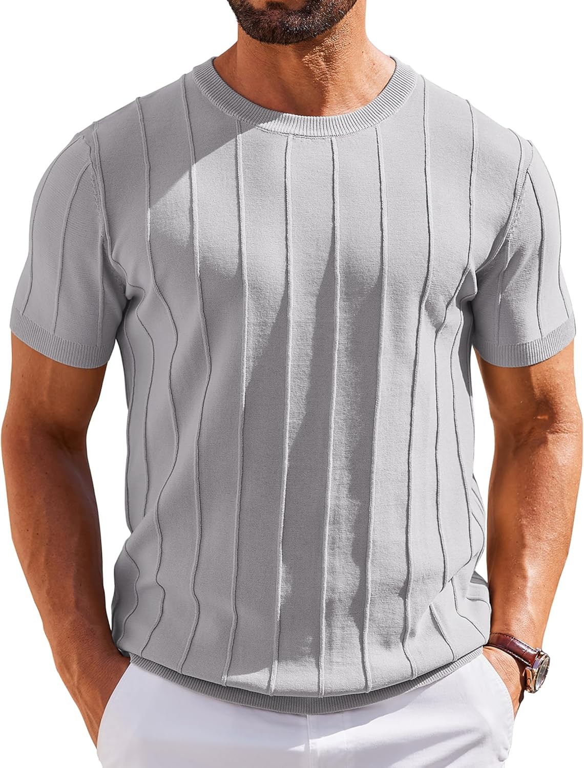 Men’s Casual Short Sleeve Knit T-Shirt – Ribbed Crewneck Pullover Tee