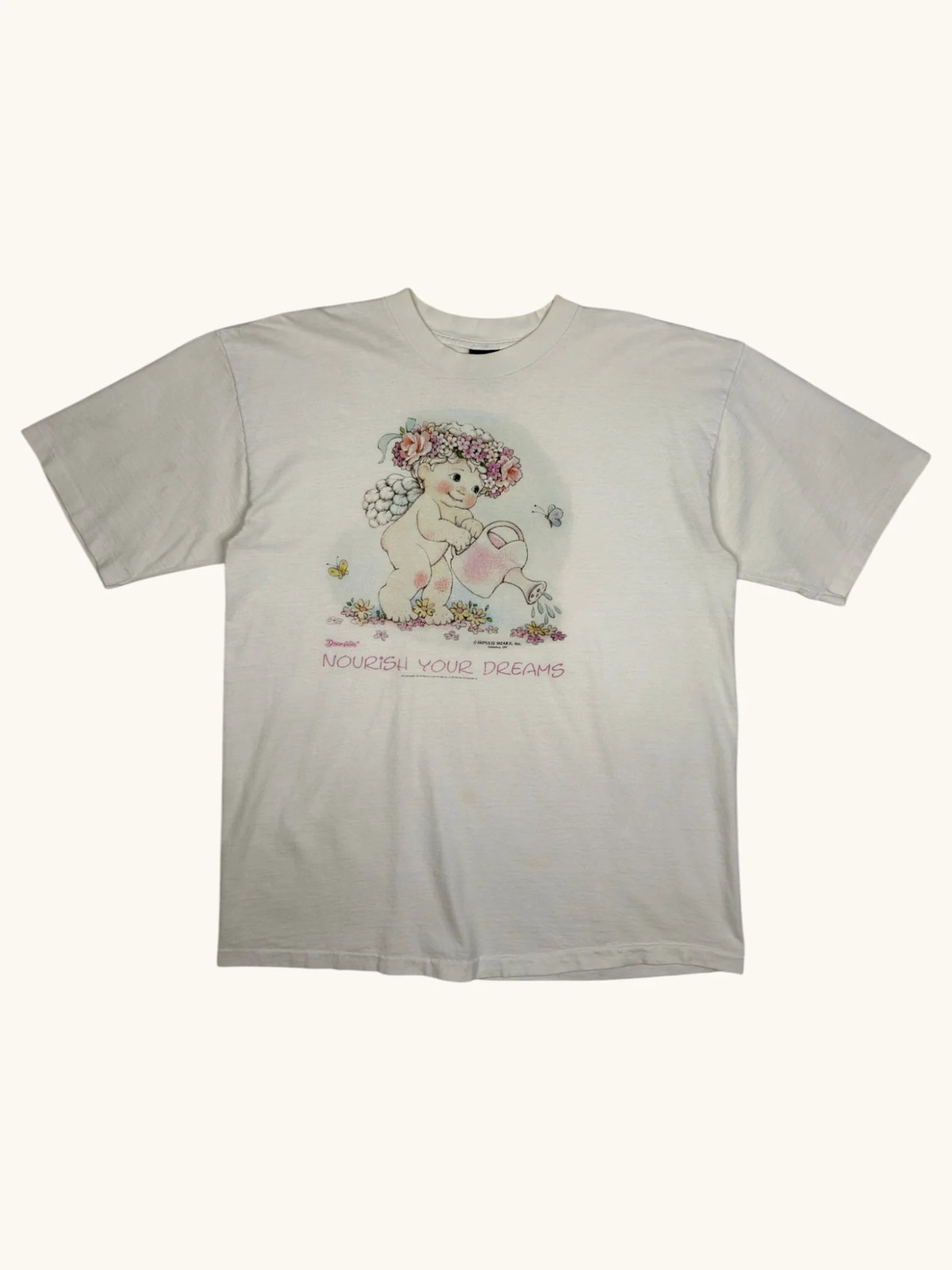Vintage Earth Tones Nourish Your Dreams Cherub Angel Graphic T-Shirt White XL