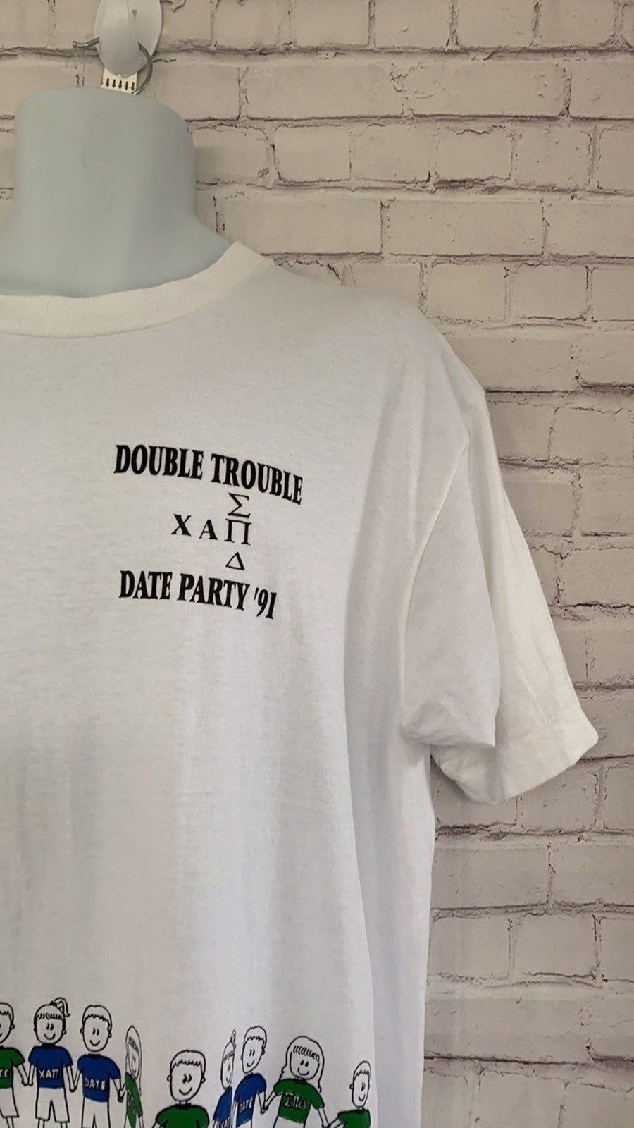 Vintage DOUBLE TROUBLE DATE PARTY white short tee sleeve ’91 unisex size XL