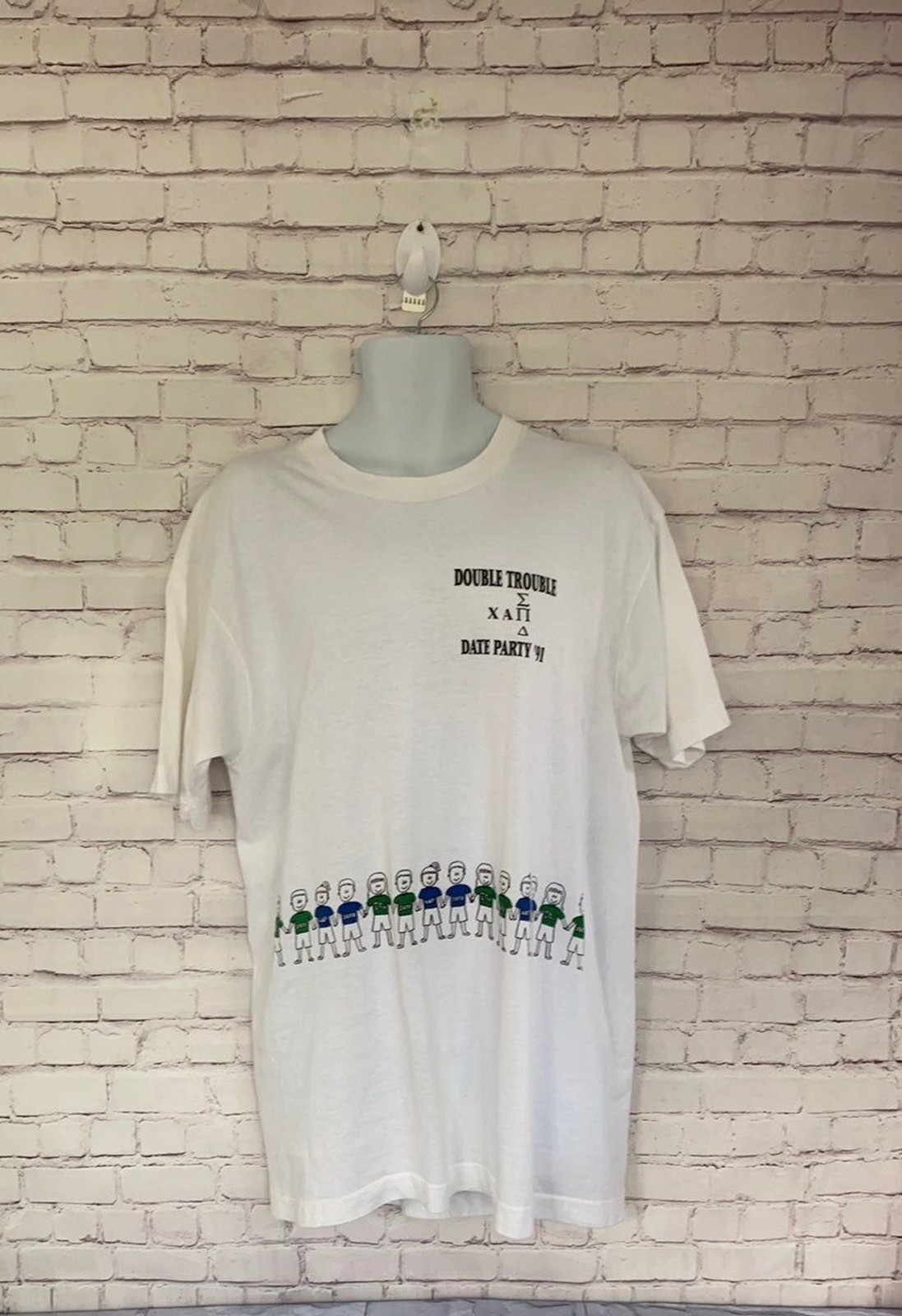 Vintage DOUBLE TROUBLE DATE PARTY white short tee sleeve ’91 unisex size XL