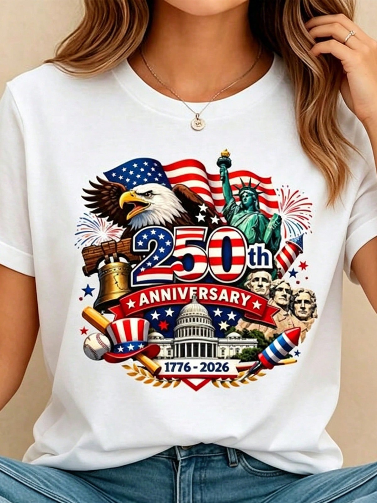 Women’s Crew Neck Summer Tee USA 250th Anniversary Patriotic Print Top