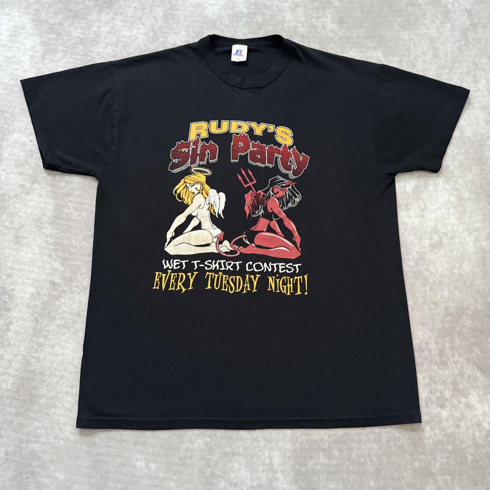 Vintage Rudy’s Sin Party Shirt Mens M Angel Devil Pinup Biker Largo FL
