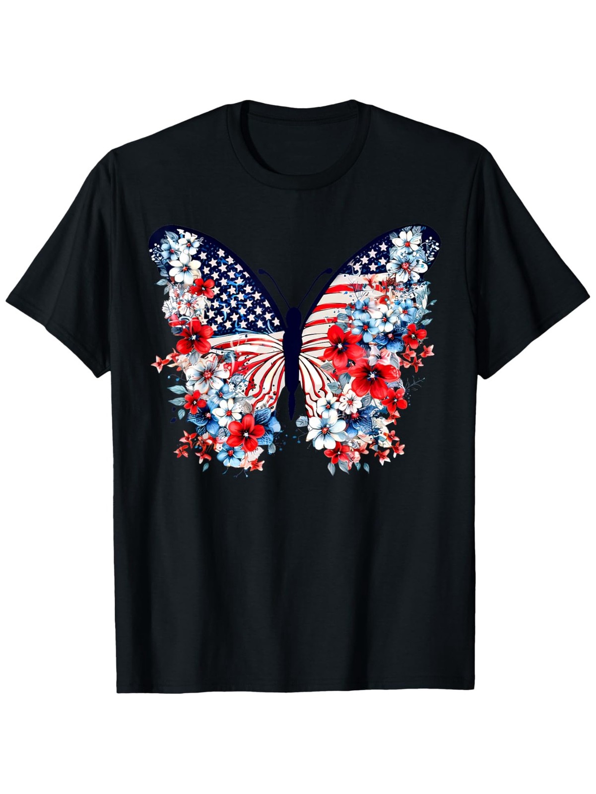 Cute Butterfly and Flower Red, White, and Blue American Flag 4th of July T-shi