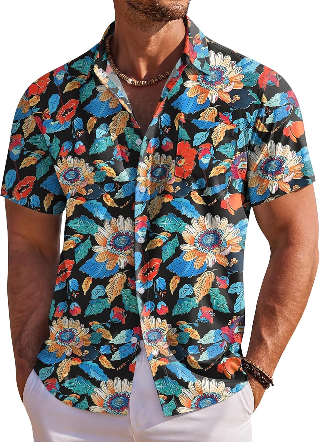 Men’s Hawaiian Shirt Short Sleeve Floral Button Down Tropical Beach Holiday Top